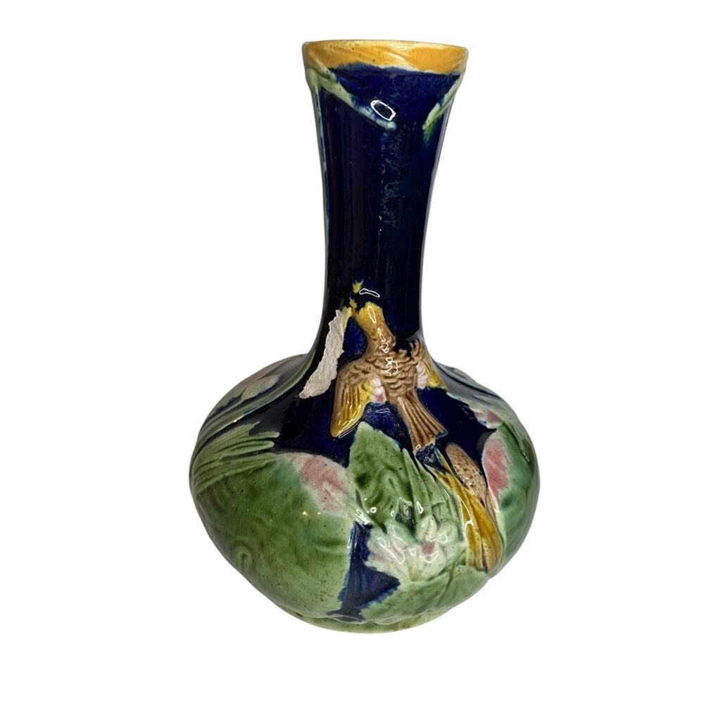 Antique Majolica Hummingbird Vase 8.5 Inch Cobalt Chips